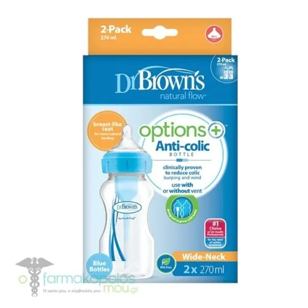 Dr. Brown's Natural Flow Options+ Πλαστικό Μπιμπερό, 2x270ml - Γαλάζιο