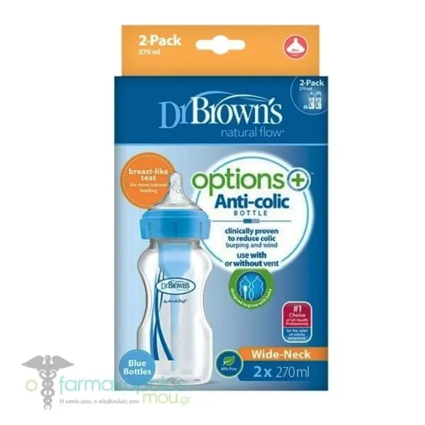 Dr. Brown's Natural Flow Options+ Πλαστικό Μπιμπερό, 2x270ml - μπλε