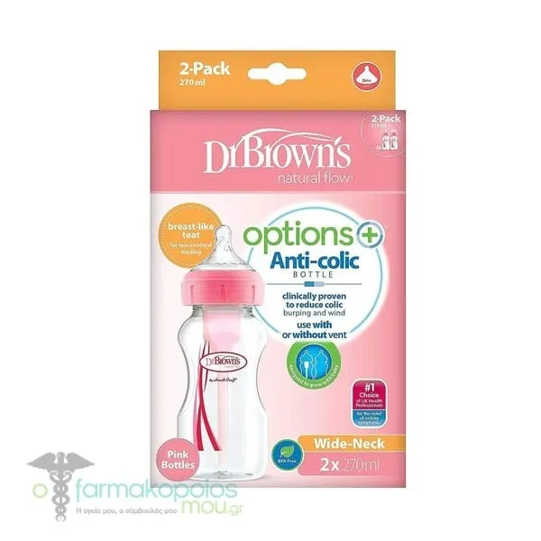 Dr. Brown's Natural Flow Options+ Anti-Colic Wide-Neck Plastic Bottle, 2x270ml - Ρόζ