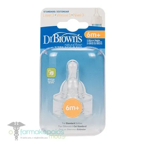 Dr. Brown's Options 332 Silicone Teats 6m+ for Narrow Bottles, 2pcs