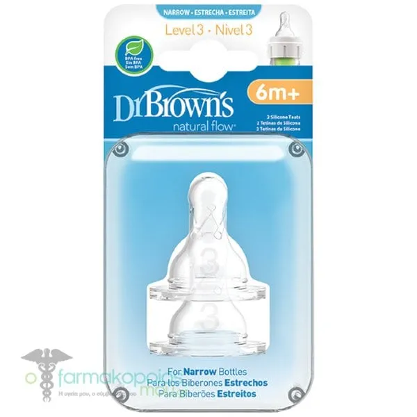 Dr. Brown's Options+ Θηλές Σιλικόνης για Μπιμπερό με Στενό Λαιμό 6m+, 2τεμ