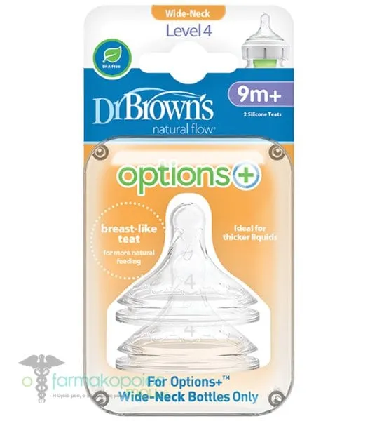 Dr. Brown's Options+ Θηλές Σιλικόνης για Μπιμπερό με Φαρδύ Λαιμό 9m+ , 2τεμ