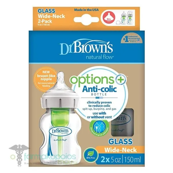 Dr. Brown's Options+ Anti-Colic Wide Neck Glass Baby Bottle & Silicone Nipple, 2x150ml