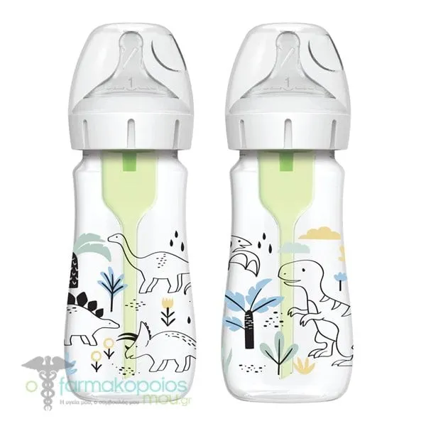 Dr. Brown's Options+ Natural Flow Anti-Colic Μπιμπερό Πλαστικό με Φαρδύ Λαιμό, 2x270ml - Δεινόσαυροι