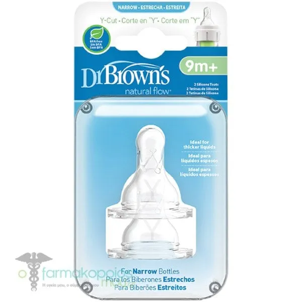 Dr. Brown's Options+ Y-Cut Θηλές Σιλικόνης για Μπιμπερό με Στενό Λαιμό 9m+, 2τεμ