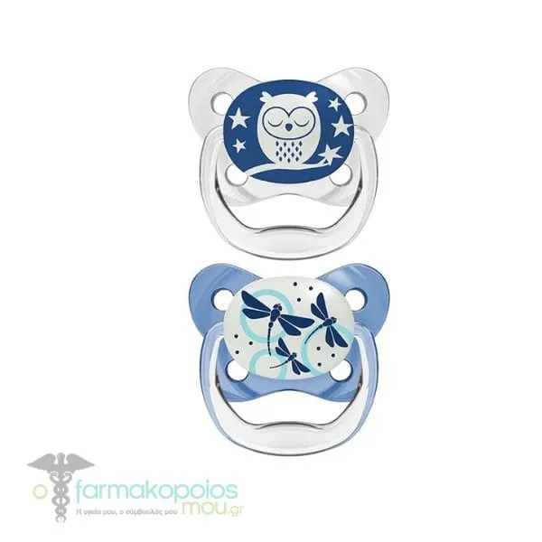 Dr. Brown’s PreVent Contoured Glow-in-the-Dark Soothers 0-6m (PV 12006), 2pcs - Διαφανές-Μπλέ