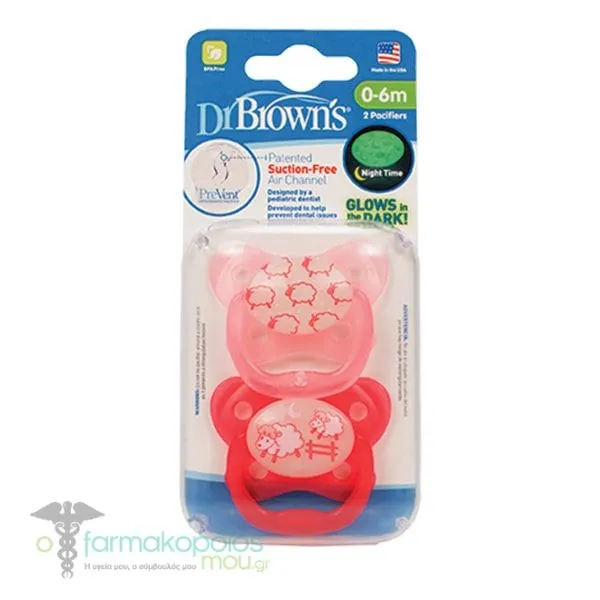 Dr. Brown’s PreVent Contoured Glow-in-the-Dark Soothers 0-6m (PV 12006), 2pcs - Ρόζ