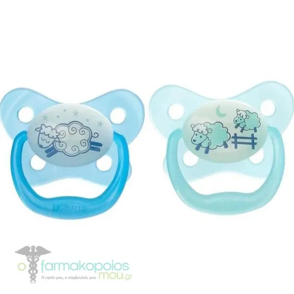 Dr. Brown’s PreVent Contoured Glow-in-the-Dark Soothers 0-6m (PV 12006), 2pcs - Γαλάζιο-Μπλε