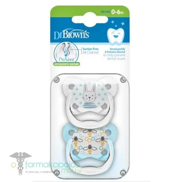 Dr. Brown's Prevent Orthodontic Soother 0-6m (PV 12402), 2pcs - Διαφανές-Γαλάζιο