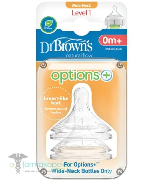 Dr. Brown’s Options+ Natural Flow Θηλές Σιλικόνης για Μπιμπερό με Φαρδύ Λαιμό 0m+, 2τεμ