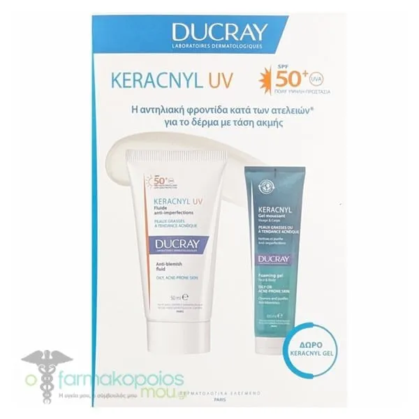 Ducray Promo Keracnyl UV SPF50+ Anti-Blemish Fluid, 50ml & Free Keracnyl Foaming Gel, 100ml, 1set