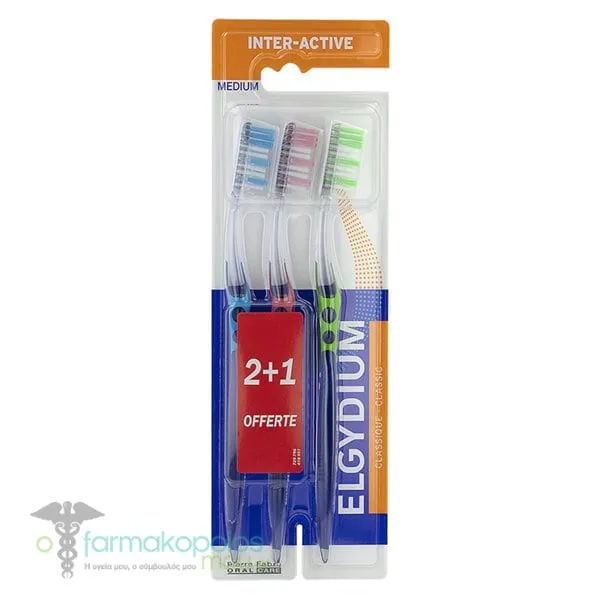Elgydium Promo (2+1) Inter-Active Toothbrush Medium, 3pcs - Ροζ-Μπλε-Πράσινο