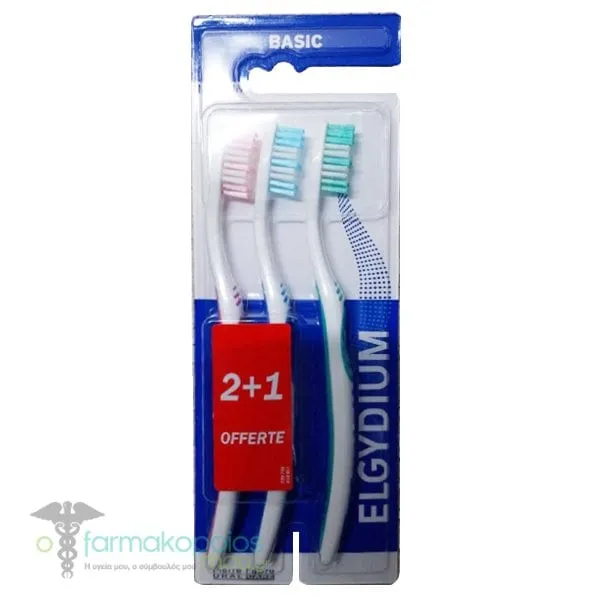 Elgydium Promo (2+1) Toothbrush Basic Medium, 3pcs - Ροζ-Μπλε-Πράσινο