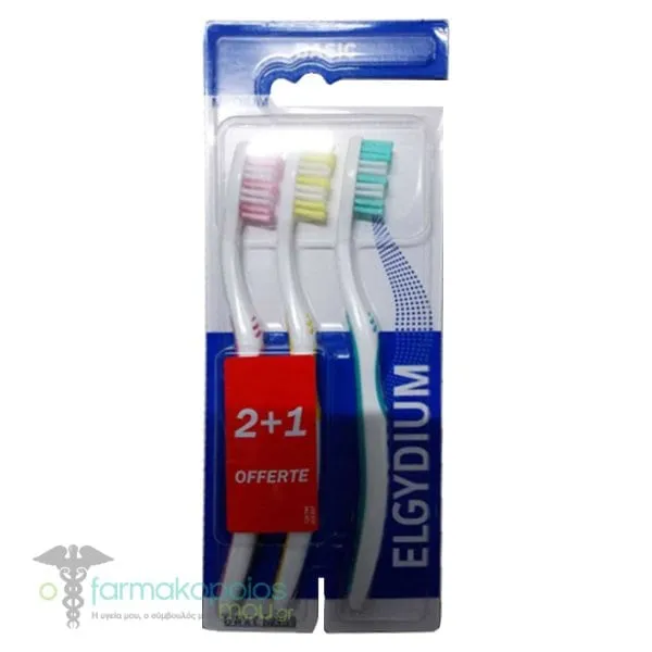 Elgydium Promo (2+1) Toothbrush Basic Medium, 3pcs - Ροζ-Κίτρινο-Πράσινο