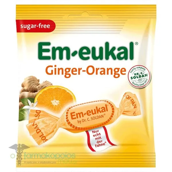 Em Eukal Orange - Ginger Candies for Sore Throat & Cough Sugar Free, 50g
