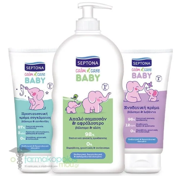 Septona Baby Calm n' Care Promo with Gentle Shampoo & Bath with Hypericum & Aloe, 500ml, Protective Nappy Rash Cream, 100ml & Hydrating Cream, 150ml, 1set