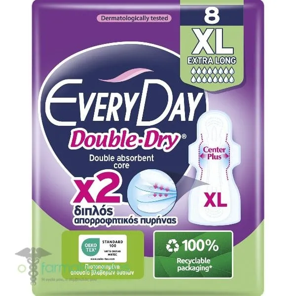 EveryDay Double Dry Center Plus Extra Long Σερβιέτες για Πολύ Μεγάλη Ροή, 8τεμ