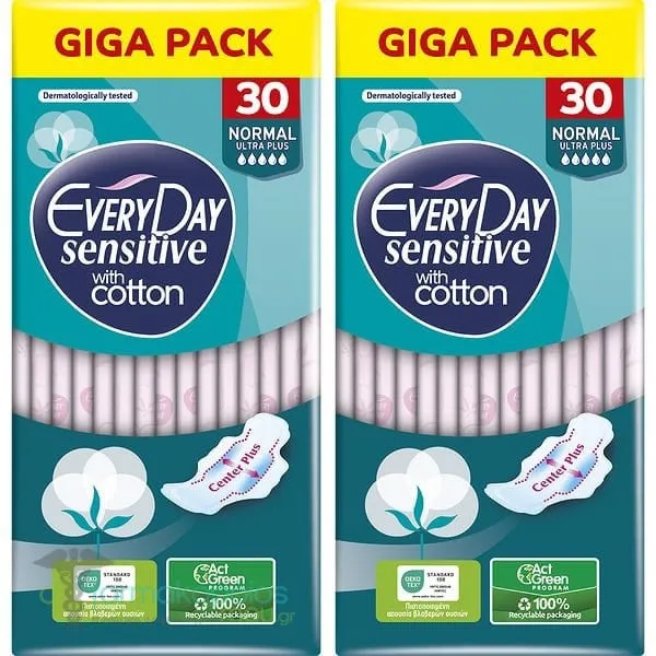 EveryDay Giga Pack Sensitive with Cotton Normal Ultra Plus Σερβιέτες με Φτερά, 2x30τεμ