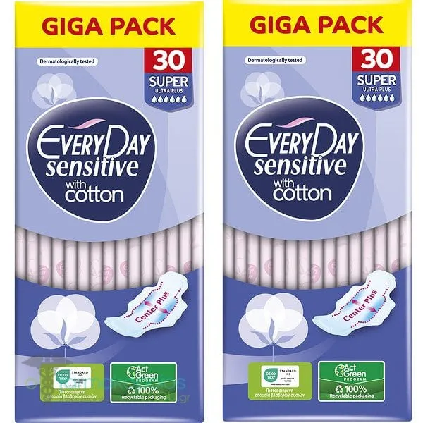 EveryDay Giga Pack Sensitive with Cotton Super Ultra Plus Σερβιέτες με Φτερά, 2x30τεμ