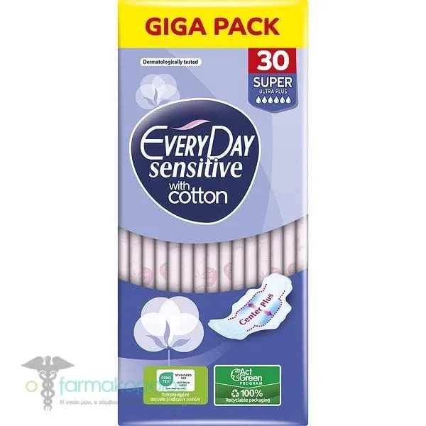 EveryDay Giga Pack Sensitive with Cotton Super Ultra Plus Σερβιέτες με Φτερά, 30τεμ