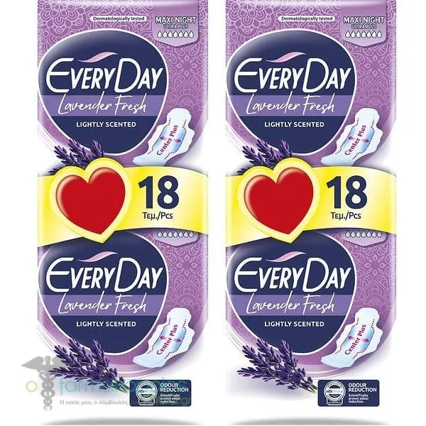 EveryDay Lavender Fresh Maxi Night Ultra Plus Σερβιέτες με Φτερά (2x18τεμ), 36τεμ