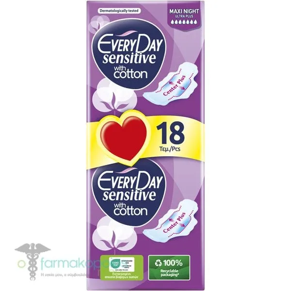 EveryDay Sensitive with Cotton Maxi Night Ultra Plus Pads, 18pcs
