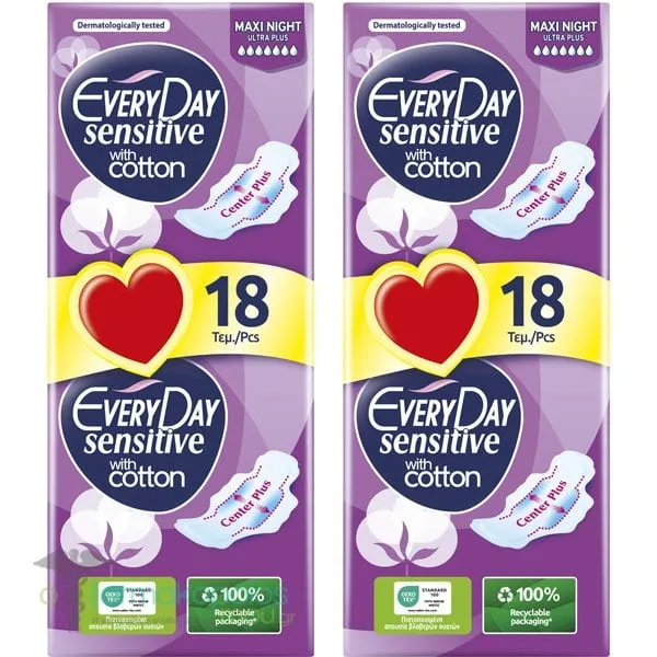 EveryDay Sensitive with Cotton Maxi Night Ultra Plus Pads (2x18pcs), 36pcs