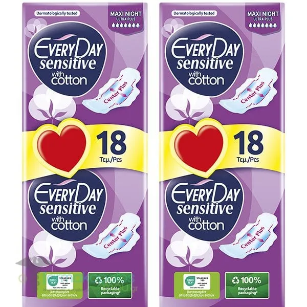EveryDay Sensitive with Cotton Maxi Night Ultra Plus Σερβιέτες με Φτερά, 2x18τεμ