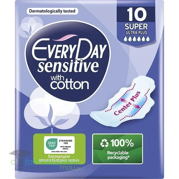 EveryDay Sensitive with Cotton Super Ultra Plus Σερβιέτες με Φτερά, 10τεμ