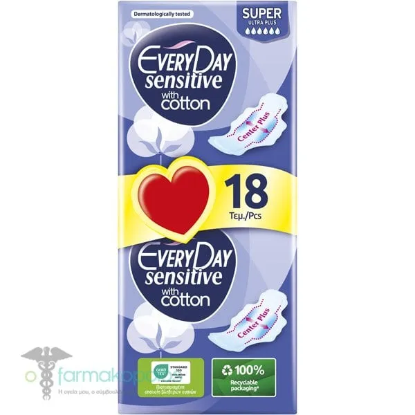 EveryDay Sensitive with Cotton Super Ultra Plus Pads, 18pcs