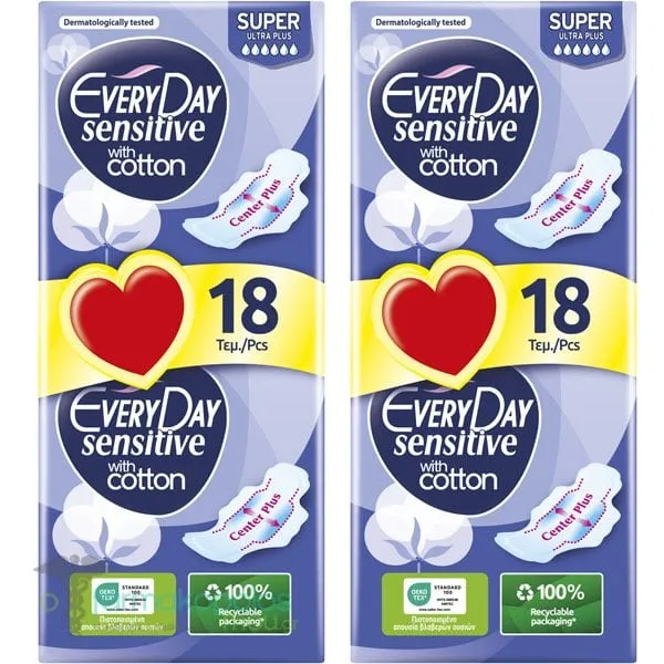EveryDay Sensitive with Cotton Super Ultra Plus Pads (2x18pcs), 36pcs
