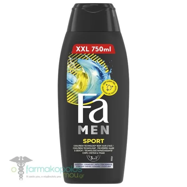 Fa Men Sport Ανδρικό Αφρόλουτρο 3 σε 1 για Μαλλιά, Σώμα &amp; Πρόσωπο, 750ml