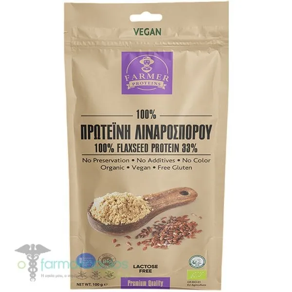 Farmer Proteins 100% Vegan Βιολογική Πρωτεΐνη Λιναρόσπορου Χωρίς Γλουτένη, 100g