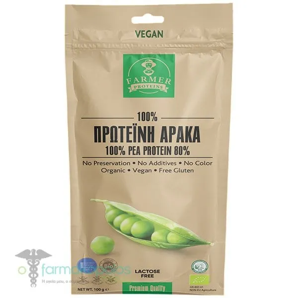Farmer Proteins 100% Vegan Βιολογική Πρωτεΐνη Αρακά Χωρίς Γλουτένη, 100g