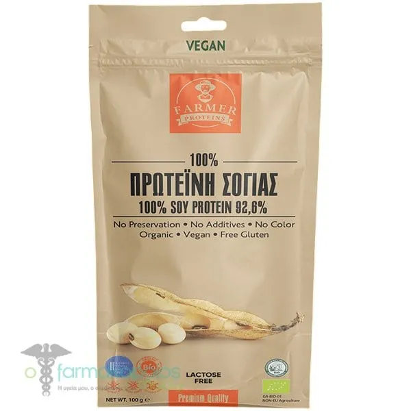 Farmer Proteins 100% Vegan Βιολογική Πρωτεΐνη Σόγιας Χωρίς Γλουτένη, 100g