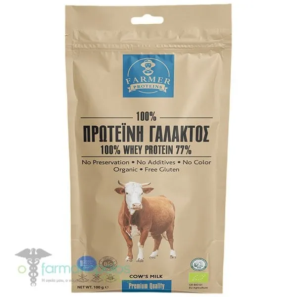 Farmer Proteins 100% Whey Protein Isolate Βιολογική Πρωτεΐνη Oρού Γάλακτος Xωρίς Γλουτένη, 100g