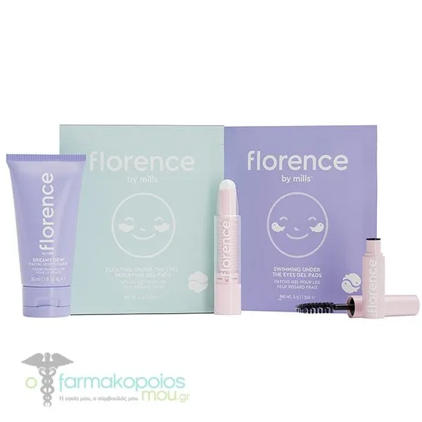 Florence by Mills A Few Of My Fav Things True to Hue Balm, 1pc, Up a Notch Mascara, 1pc, Dreamy Dew Moisturizer Face Cream, 30ml, Floating Under the Eyes Eye Patches, 1pair & Swimming Under the Eyes Eye Patches, 1pair, 1set