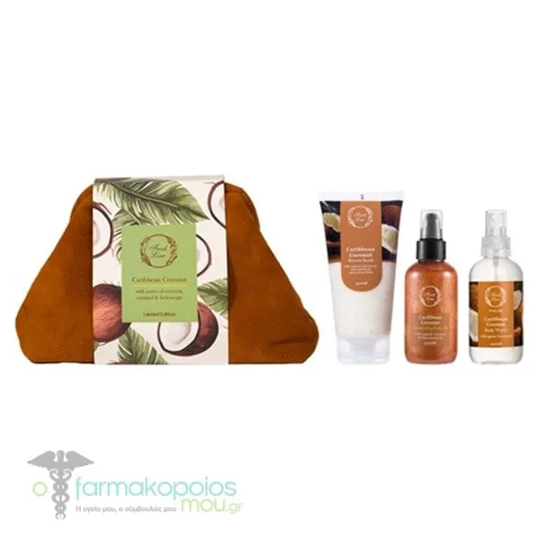 Fresh Line Caribbean Coconut Σετ Περιποίησης Αφρόλουτρο & Scrub, 150ml, Λάδι Σώματος για Λάμψη, 150ml & Αρωματικό Νερό Σώματος, 150ml, 1σετ