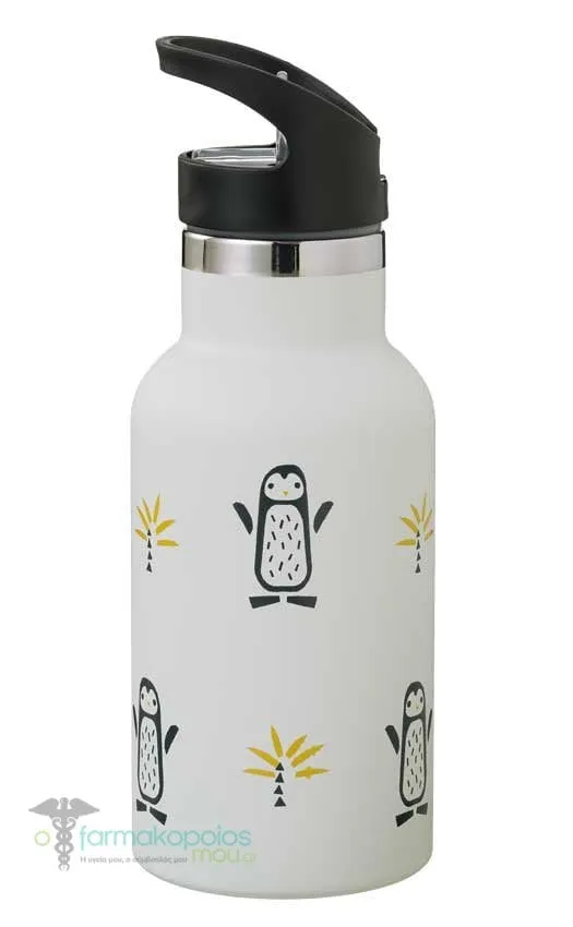 Fresk Nordic Flask Thermos Bottle with Straw & Cap, 350ml - Penguins-Grey