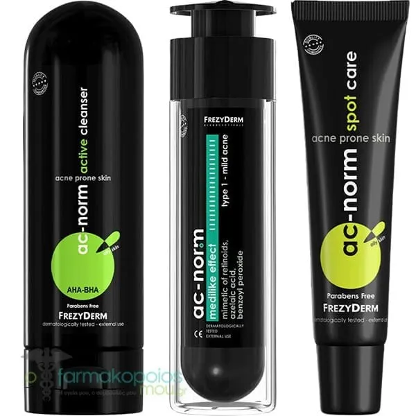 Frezyderm Acne Pack with AC-Norm Active Cleanser, 200ml, AC-Norm Medilike Effect Type 1 Mild Acne, 50ml & AC-Norm Spot Care, 15ml