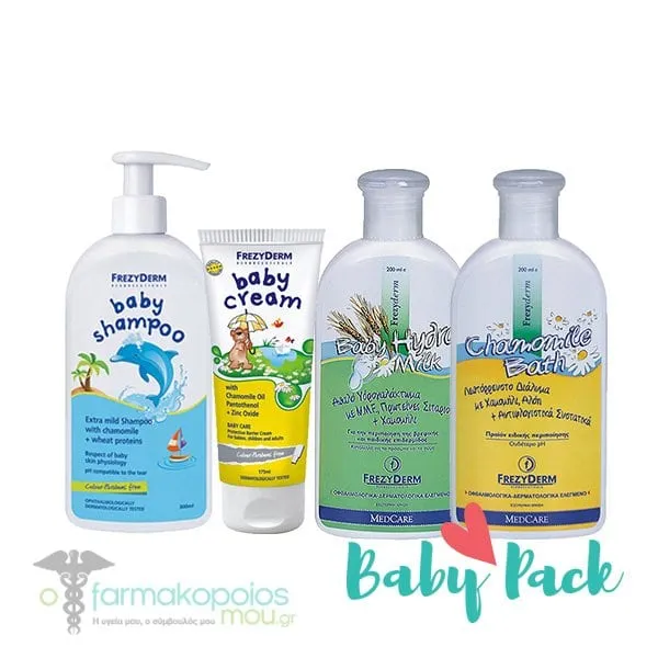 Frezyderm Baby Pack with Baby Cream Nappy Rash Cream, 175ml, Baby Chamomile Bath, 200ml, Baby Hydra Milk, 200ml & Baby Shampoo, 300ml
