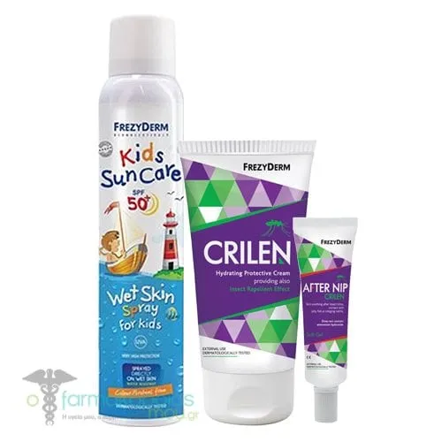 Frezyderm Family Summer Pack with Kids Sun Care Wet Skin Spray SPF50+, 200ml, Crilen Hydrating Protective Cream, 125ml & Crilen After Nip Gel, 30ml, 1set