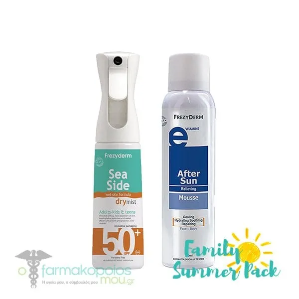 Frezyderm Family Summer Pack with Sea Side Dry Mist SPF50+, 300ml & After Sun Mousse Face & Body, 150ml
