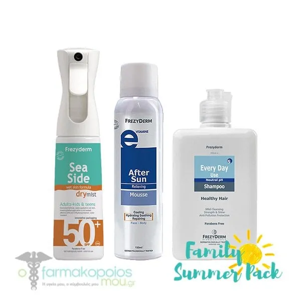 Frezyderm Family Summer Pack with Sea Side Dry Mist SPF50+, 300ml, After Sun Mousse Face & Body, 150ml & Every Day Use Shampoo, 200ml