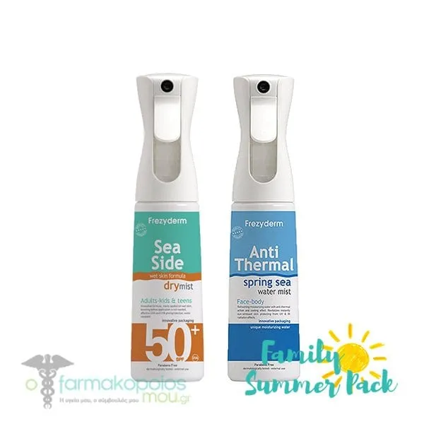 Frezyderm Family Summer Pack with Sea Side Dry Mist SPF50+, 300ml & Anti Thermal Spring Sea Water Mist, 300ml