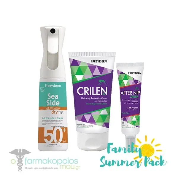 Frezyderm Family Summer Pack with Sea Side Dry Mist SPF50+, 300ml, Crilen Hydrating Protective Cream, 125ml & Crilen After Nip Gel, 30ml, 1set
