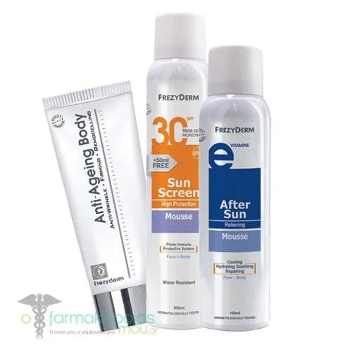 Frezyderm Family Summer Pack with Sunscreen Mousse Face & Body SPF30+, 200ml, After Sun Mousse Face & Body, 150ml & Anti-Ageing Body Cream, 200ml