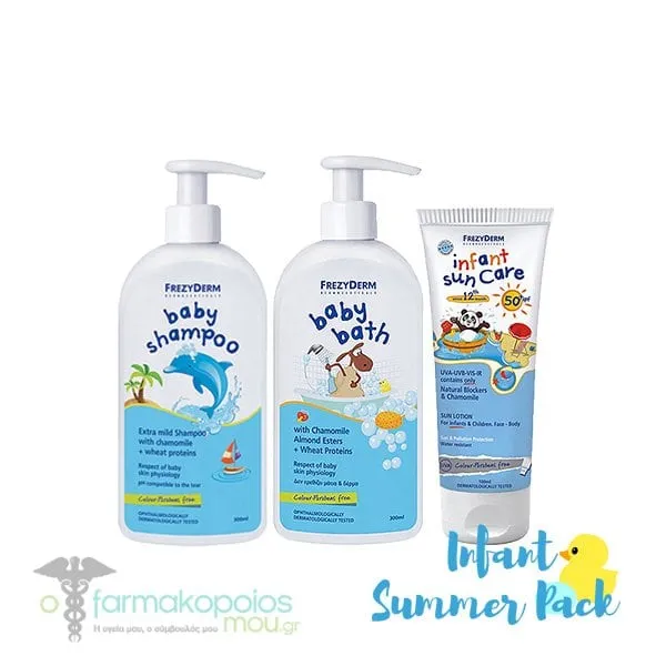 Frezyderm Infant Summer Pack with Infant Sun Care SPF50+ from 12 Months, 100ml, Baby Bath, 300ml & Baby Shampoo, 300ml