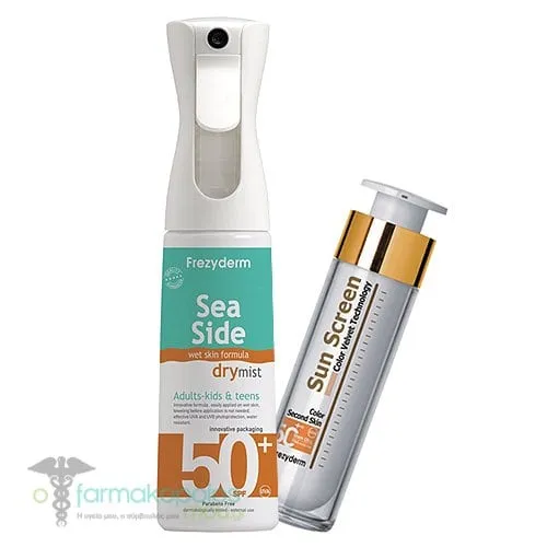 Frezyderm Sun Screen Colour Velvet Face Cream SPF50+, 50ml & Frezyderm Sea Side Dry Mist SPF50+, 300ml