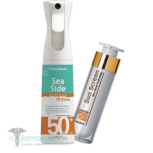 Frezyderm Sun Screen Velvet Face Cream SPF50+, 50ml & Frezyderm Sea Side Dry Mist SPF50+, 300ml